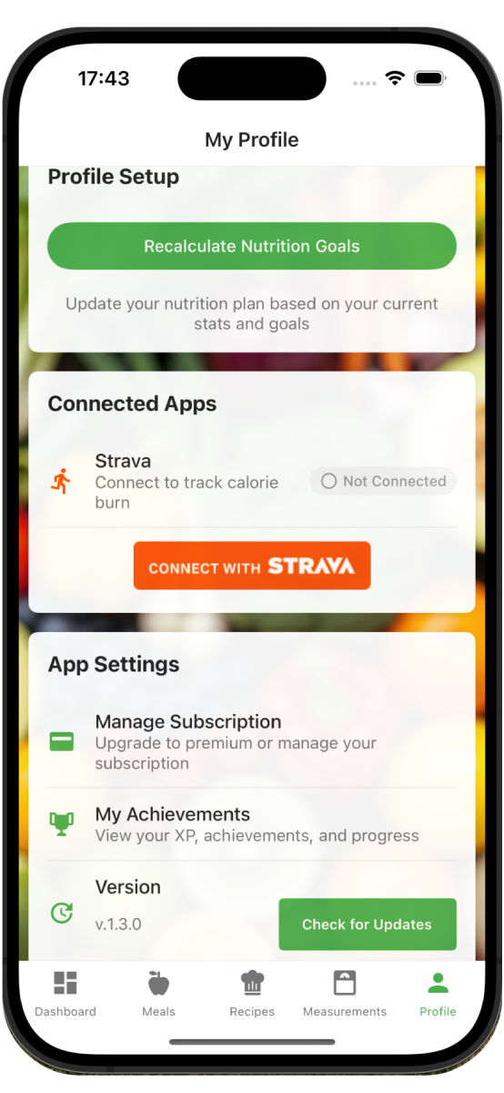 Nutrivio app showing Strava integration setup and activity synchronization